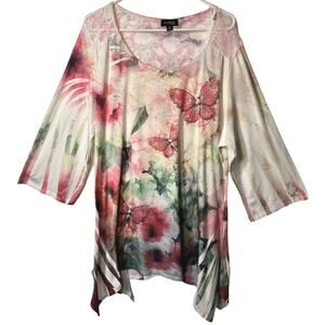 Cal Style USA Womens Tunic Top Size 2X Butterly Sequin Colorful Kimono Sleeve